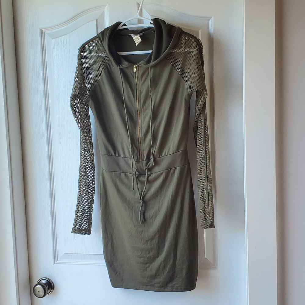 Fashion Nova green zip-up mini dress with mesh sleeves and hood